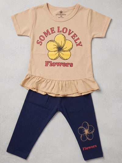 Baby Girl Clothes | Beige Floral Ruffle Top & Navy Leggings