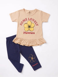 Baby Girl Clothes | Beige Floral Ruffle Top & Navy Leggings