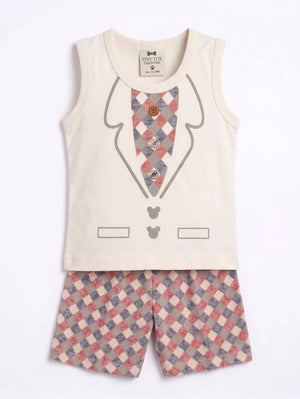 Cream Faux Tuxedo & Plaid 2-Piece Summer Set