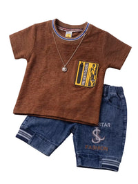 Brown Textured T-Shirt & Denim-Style Shorts Set - Baby Outfits