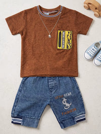 Brown Textured T-Shirt & Denim-Style Shorts Set - Baby Outfits