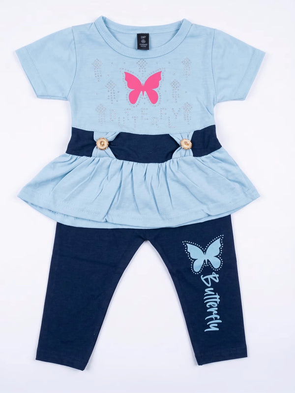 Light Blue & Navy Butterfly Peplum 2-Piece Outfit
