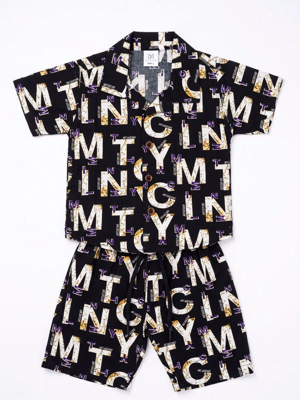 Black & Gold Alphabet Print 2-Piece Button-Down Set